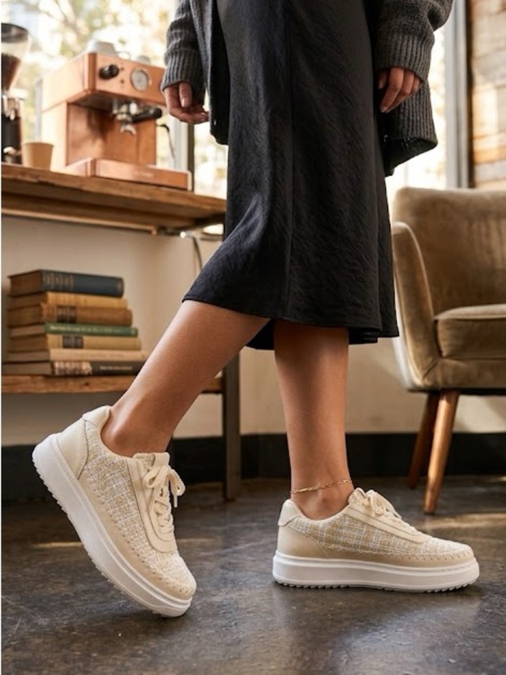 Casual Tweed Platform Sneakers - Cream - Picture 2 of 5